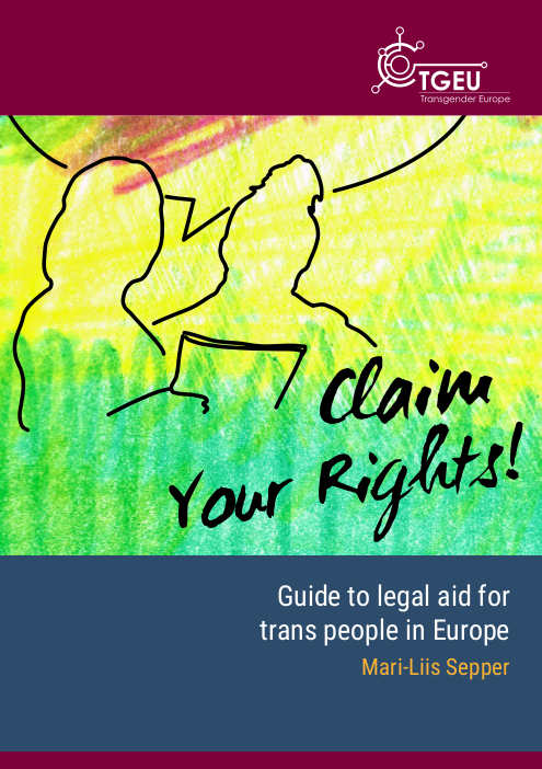 Transgender Europe Booklet: Claim Your Rights! Cover with 2 Persons talking over a legal case