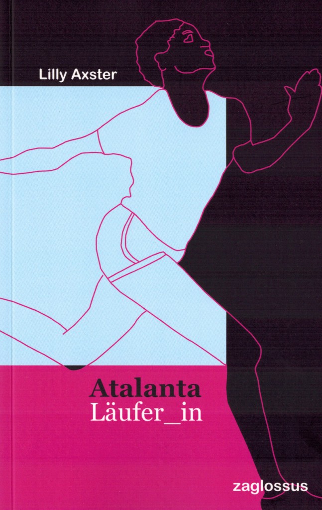 Umschlag: Atalanta Läufer_in, Illustration einen laufenden Figur vor Farbflächen in pink, hellblau und schwarz